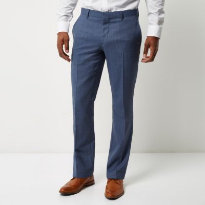 Blue textured slim suit trousers